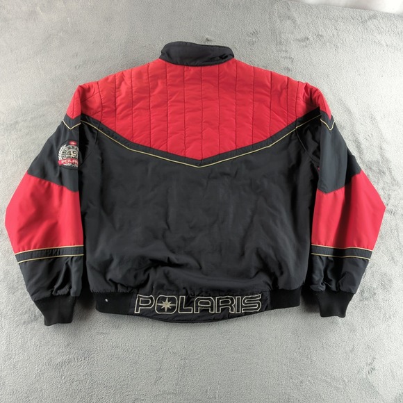 Polaris Bomber Jacket Mens Large Red Black Nylon Full Zip Coat Spellout Logo - Picture 3 of 15